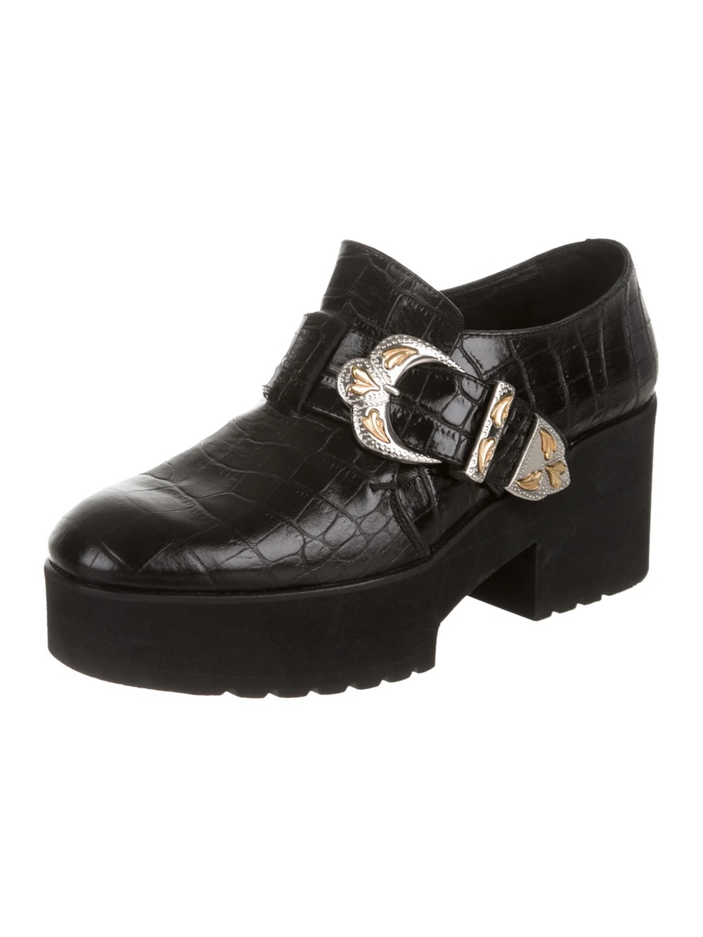 MAJE Derby Croc-Embossed Platform Leather Loafer with Gold & Silver Buckle